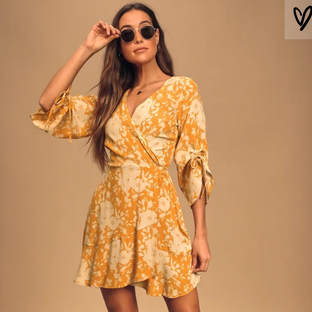 Golden Yellow Floral Print Ruffled Wrap Mini Dress